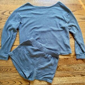 Waffle Knit Lounge Set Long Sleeve Top & Shorts Cozy Gray Small